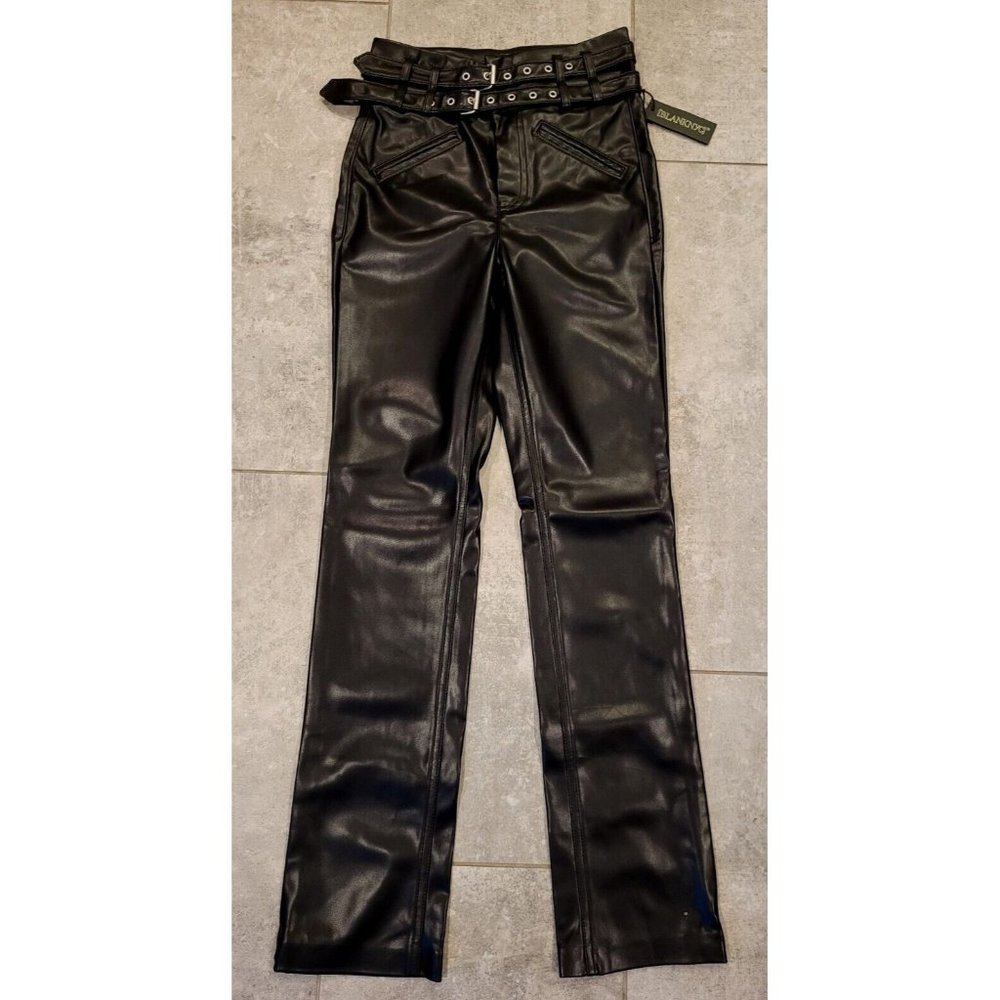 New Blank NYC Black Faux Leather Dbl Belted Pants High Rise Straight  Sz 24 Goth
